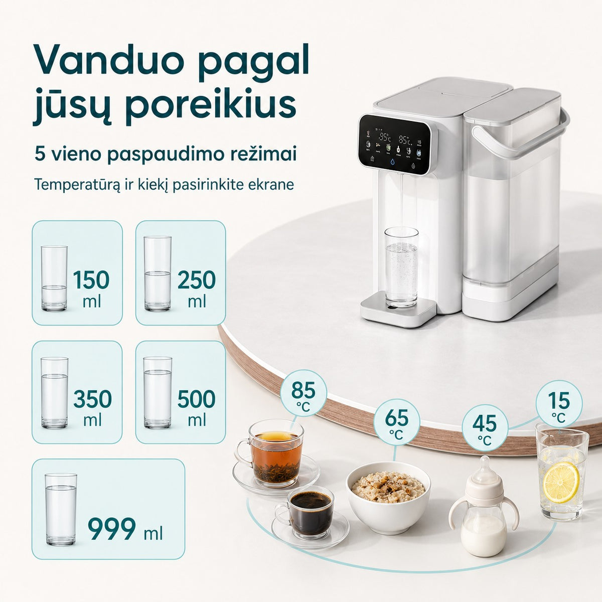 CT01 temperatūros režimai ir vandens kiekio pasirinkimai