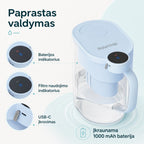 Mėlyno Waterdrop ED06 baterijos, filtro naudojimo ir USB-C įkrovimo indikatoriai
