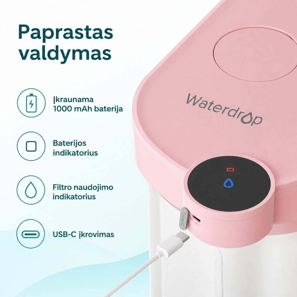 Rožinio Waterdrop ED06 baterijos, filtro naudojimo ir USB-C įkrovimo indikatoriai