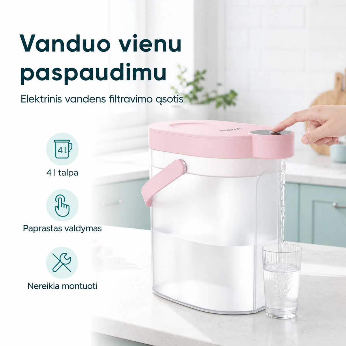 Rožinis Waterdrop ED06 4 l elektrinis ąsotis, vanduo vienu paspaudimu