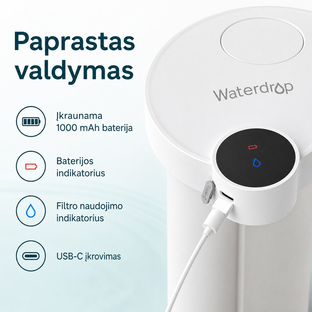 Balto Waterdrop ED06 baterijos, filtro naudojimo ir USB-C įkrovimo indikatoriai