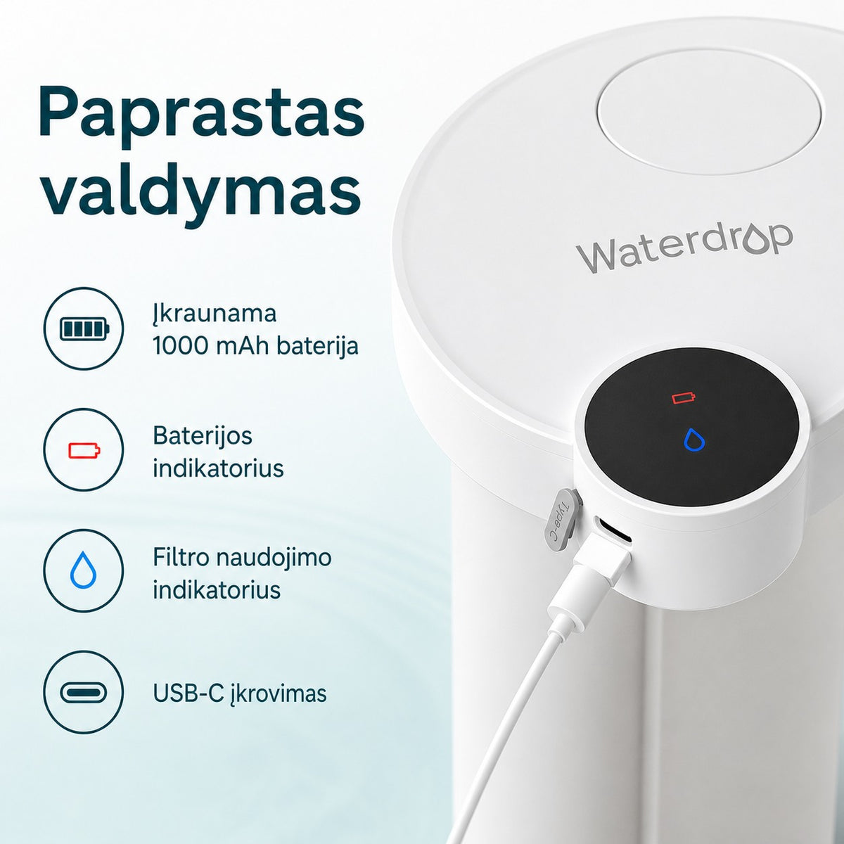 Balto Waterdrop ED06 baterijos, filtro naudojimo ir USB-C įkrovimo indikatoriai