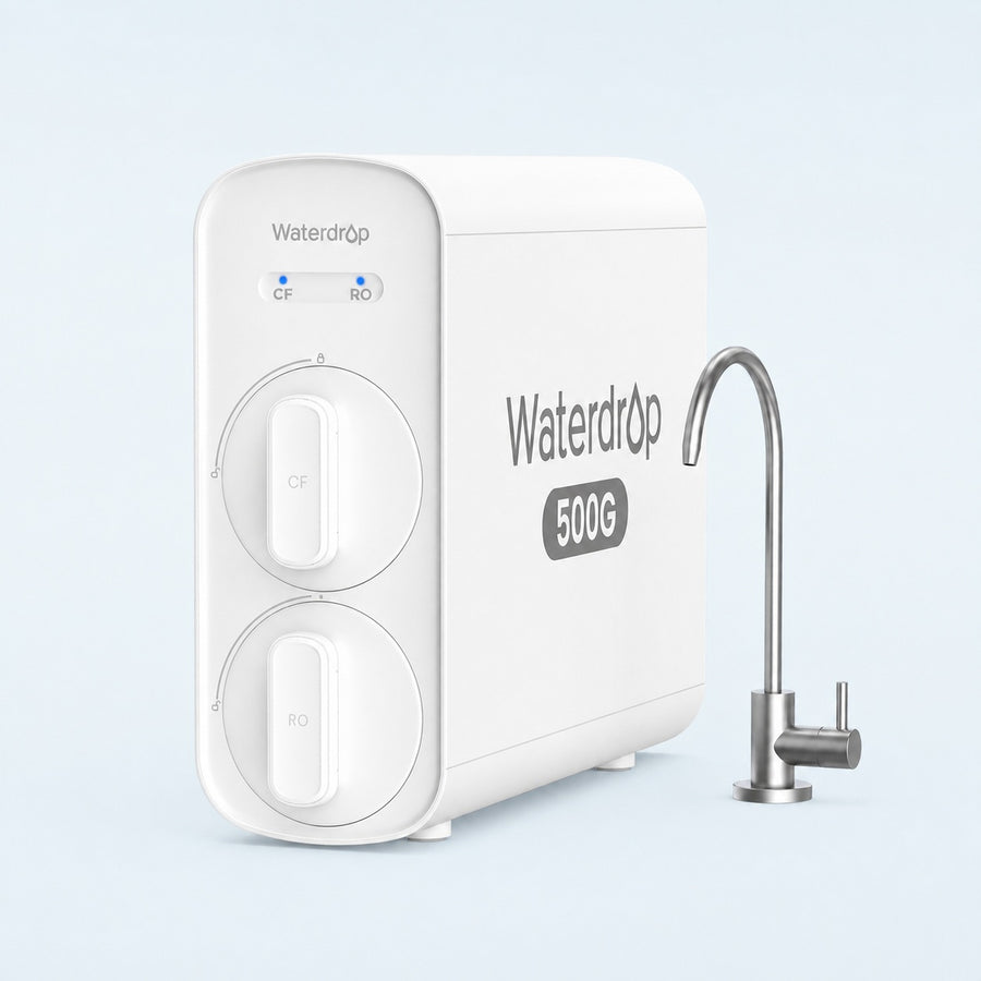 Waterdrop G5P500 sistema ir čiaupas standartizuotame aqua fone