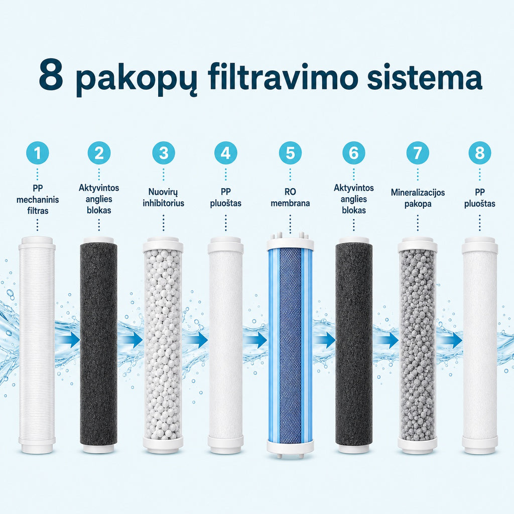 Waterdrop G5P500A aštuonių pakopų filtravimo schema