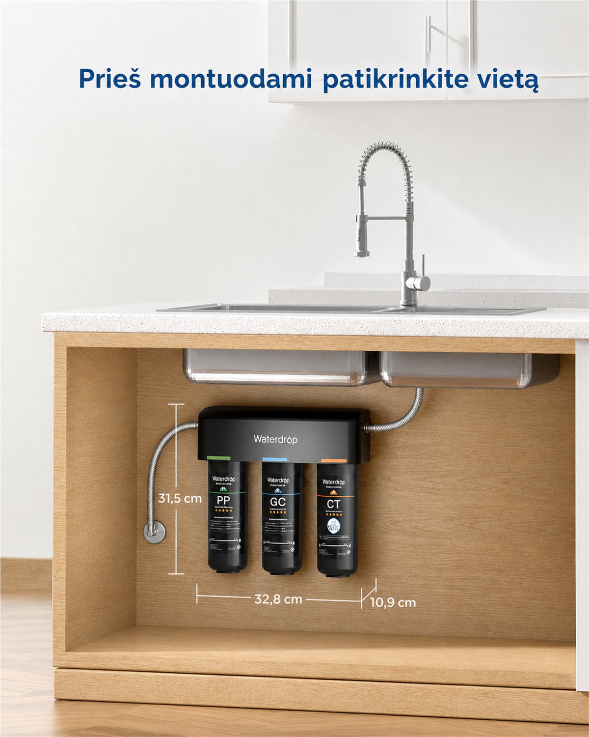 Waterdrop TSA sistemos matmenys po kriaukle