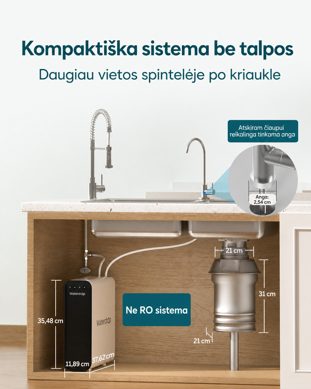 Waterdrop TSU-W matmenys ir montavimas po kriaukle