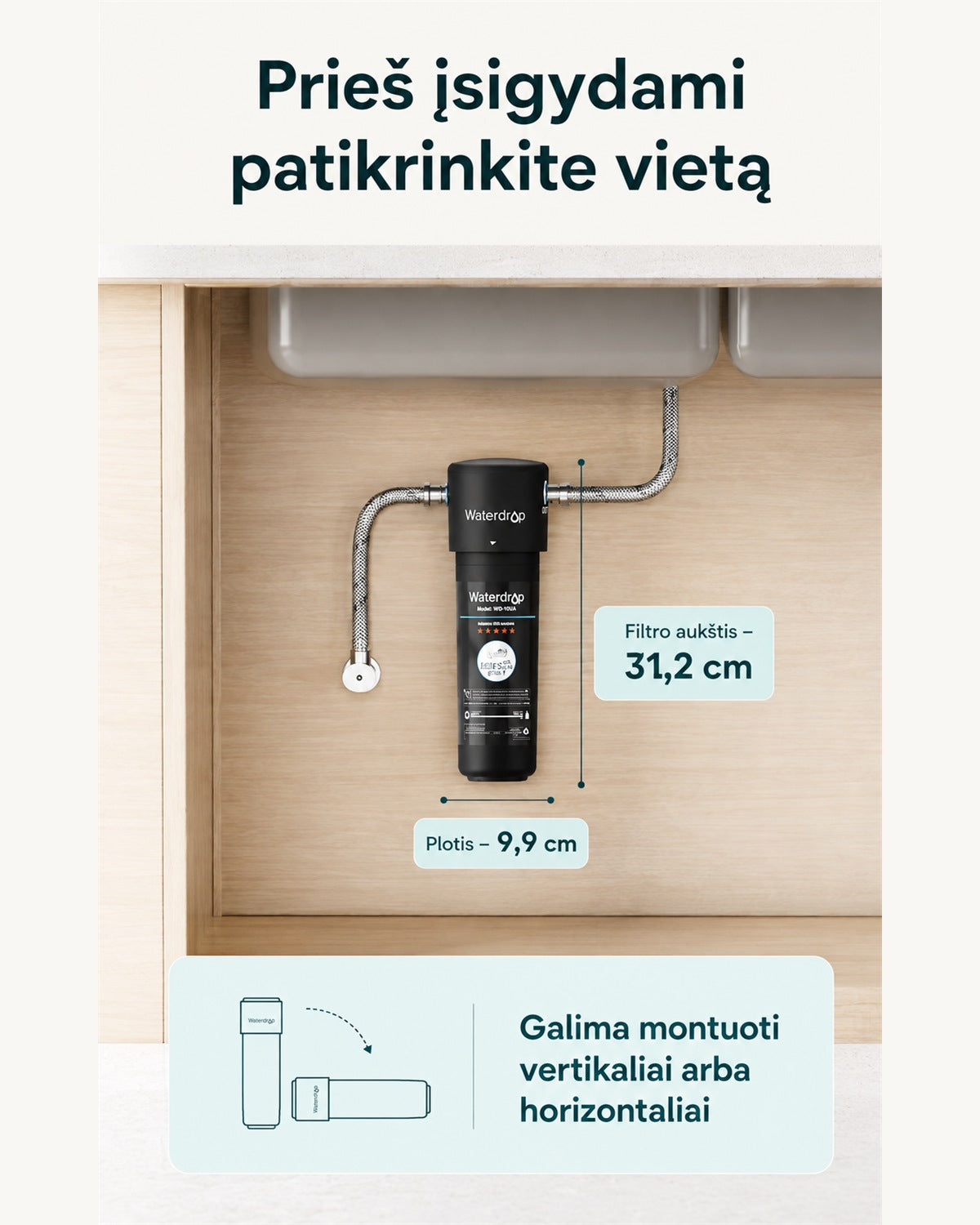 Waterdrop WD-10UA filtro matmenys