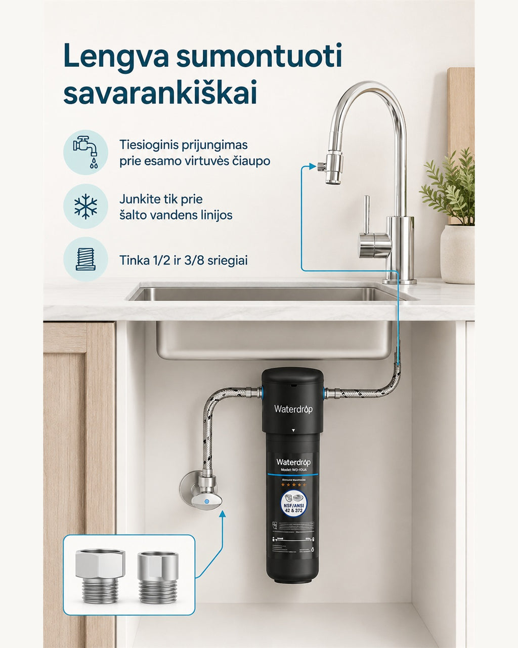 Waterdrop WD-10UA prijungimas prie esamo virtuvės čiaupo