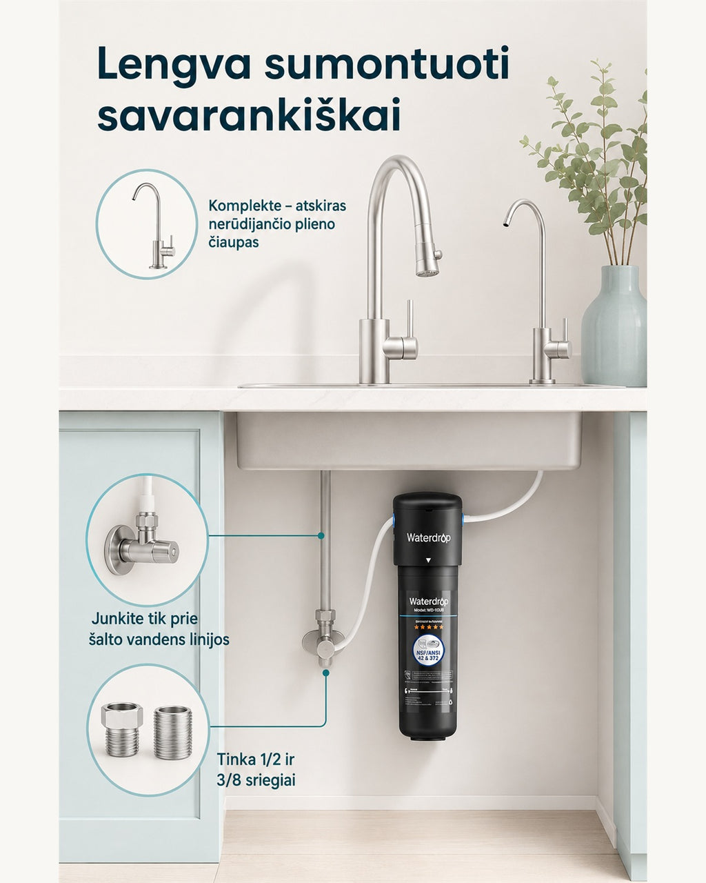 Waterdrop WD-10UB montavimas su atskiru čiaupu