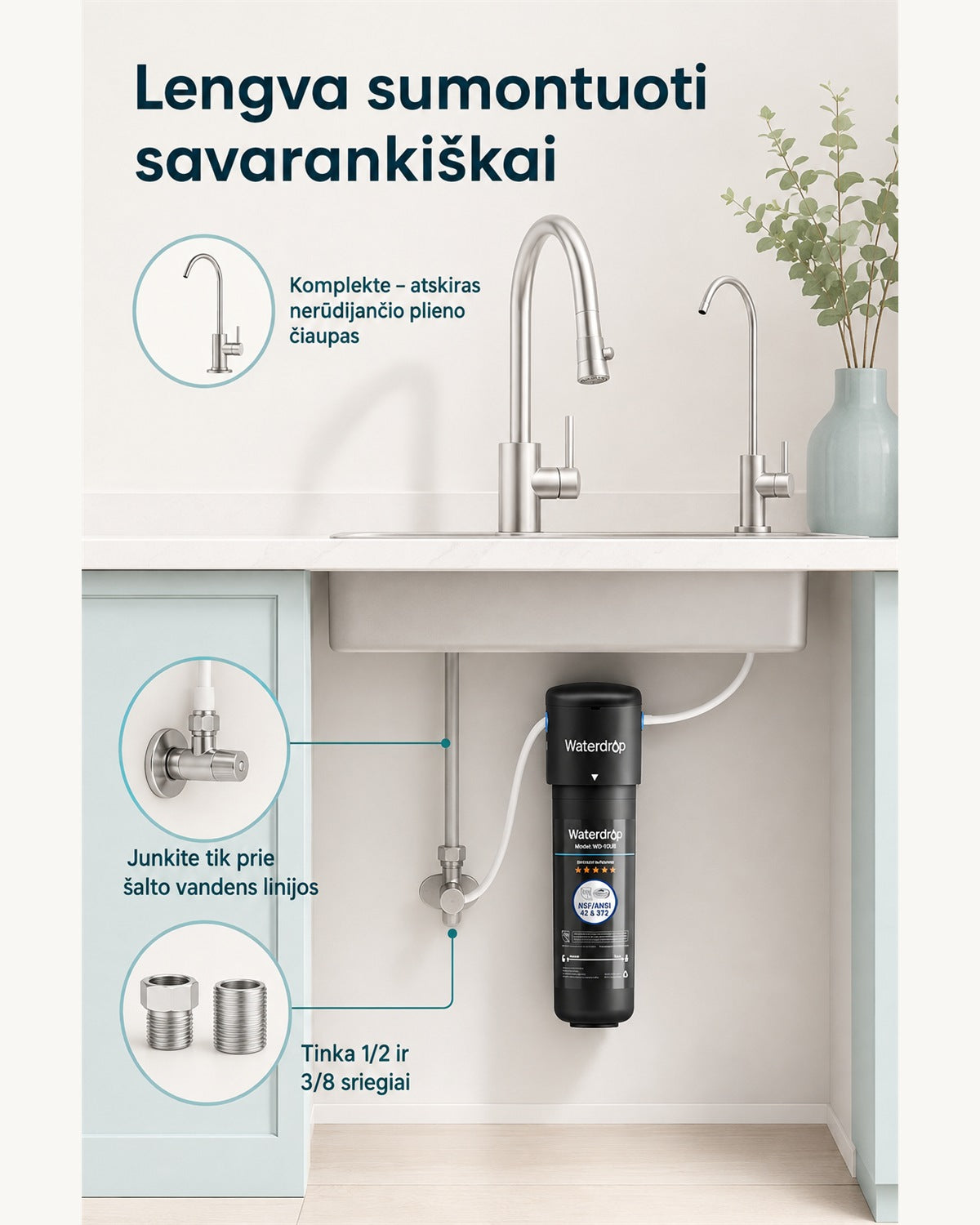 Waterdrop WD-10UB montavimas su atskiru čiaupu