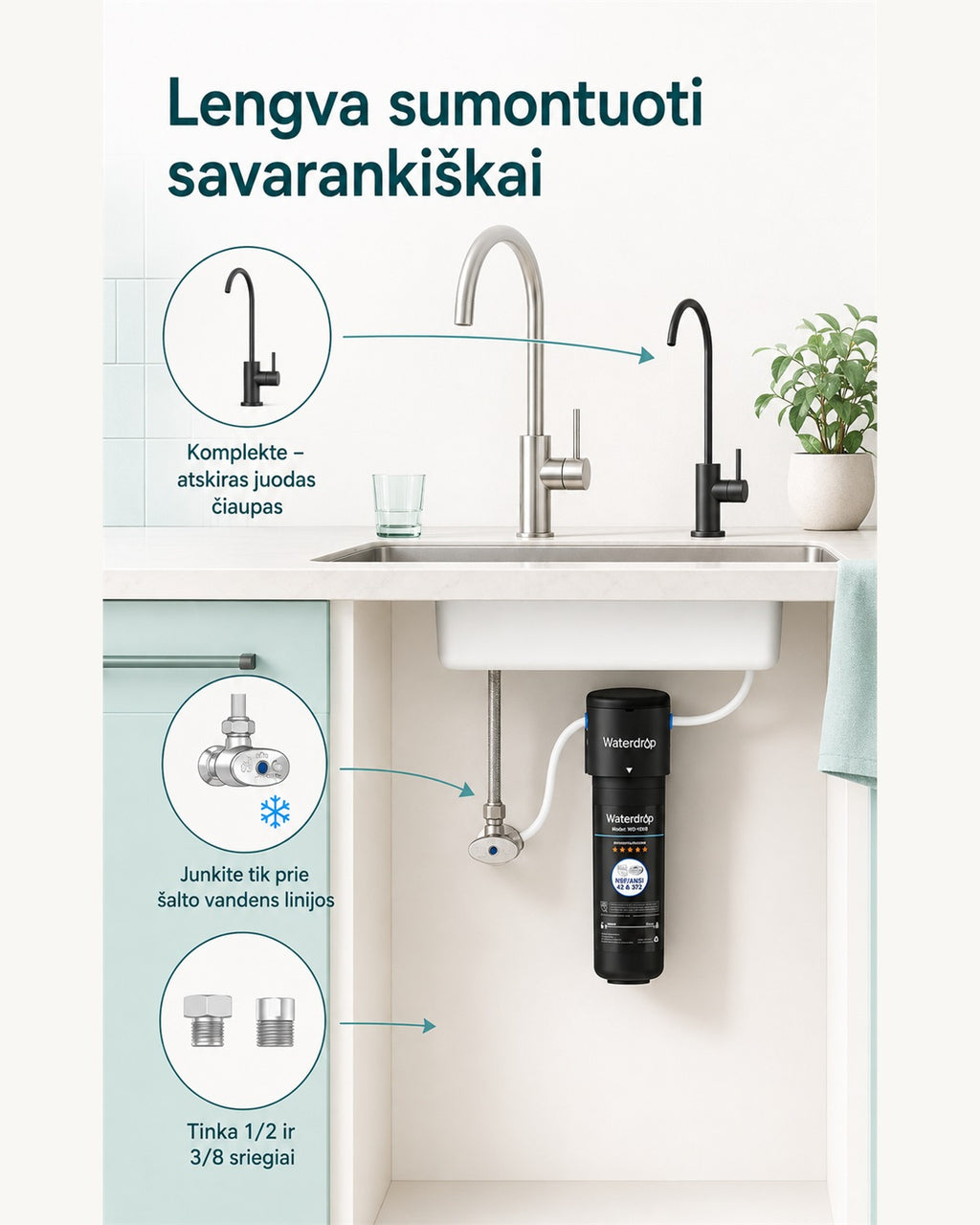 Waterdrop WD-10UB-B montavimas su juodu čiaupu