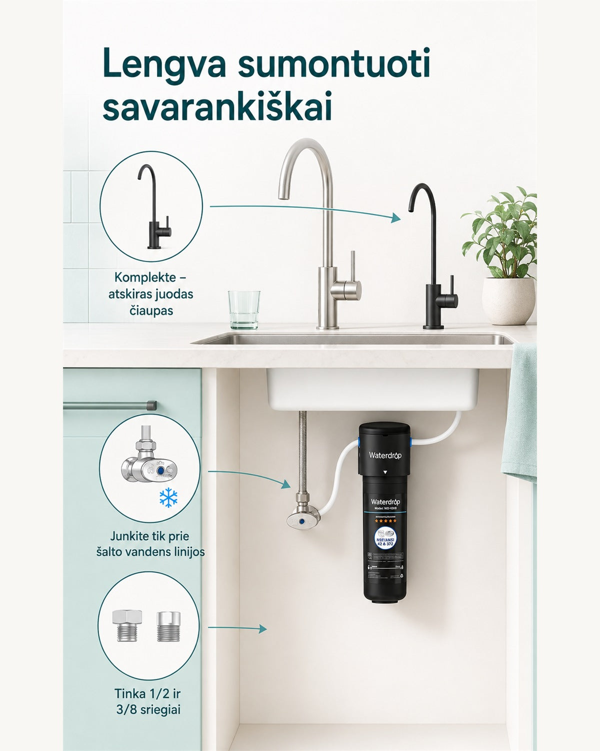 Waterdrop WD-10UB-B montavimas su juodu čiaupu