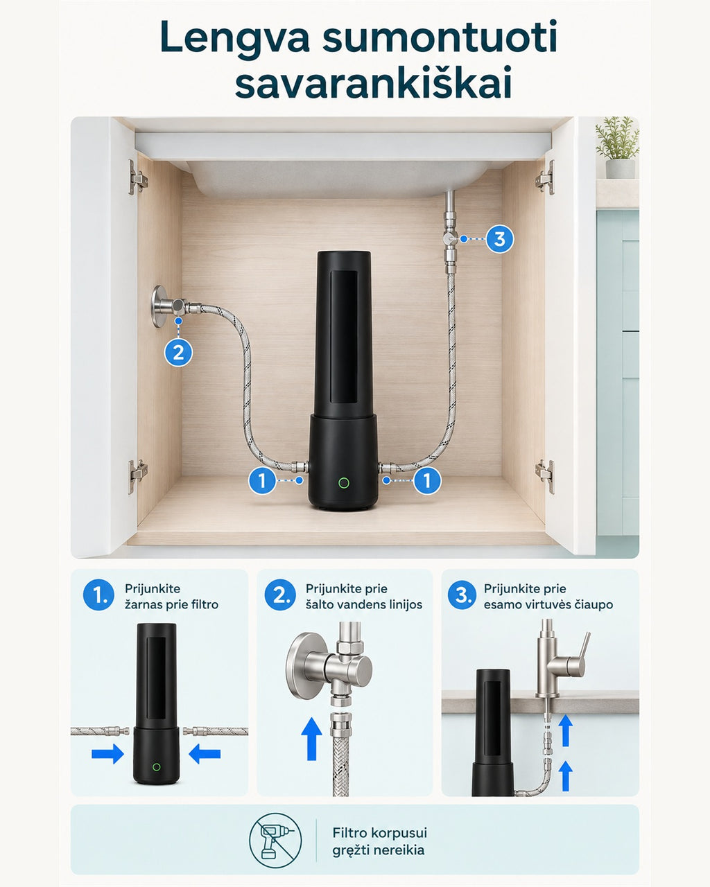 Waterdrop WD-UL12A tiesioginis prijungimas prie esamo čiaupo
